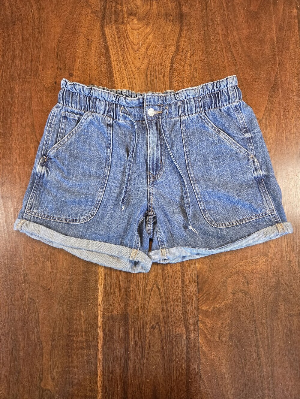 Maurices MJ Blue Jean Shorts Elastic High Waist Drawstring Cuffed Medium Wash